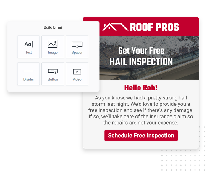 Roofer marketing email overlaid with email editor from Marketing 360® Nurture roofer email marketing