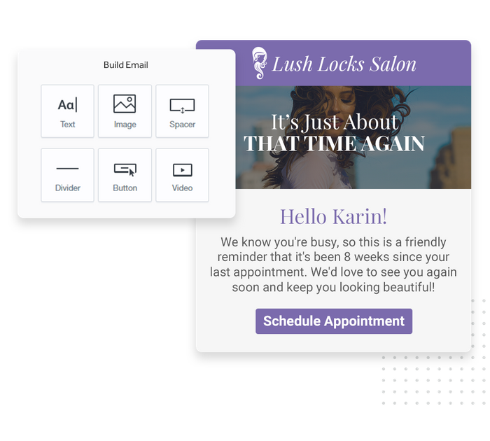 Hair salon marketing email overlaid with email editor from Marketing 360® Nurture salon email marketing