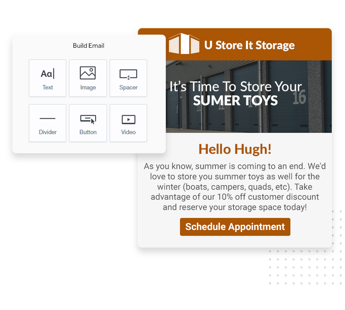 Self storage marketing email overlaid with email editor from Marketing 360® Nurture self storage email marketing