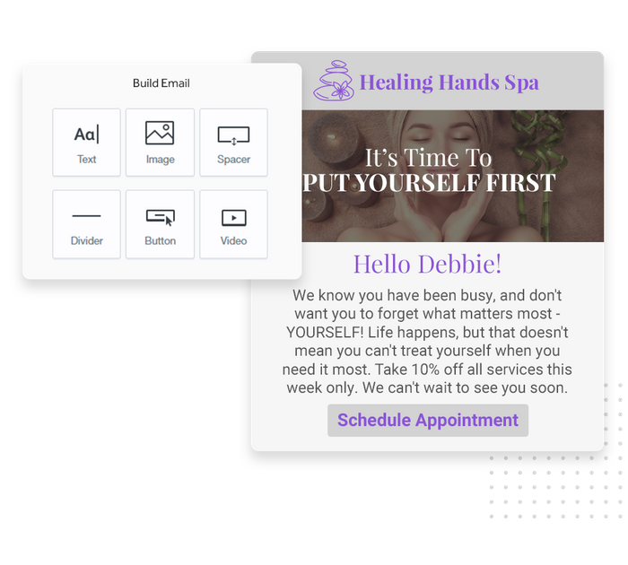 Spa marketing email overlaid with email editor from Marketing 360® Nurture spa email marketing