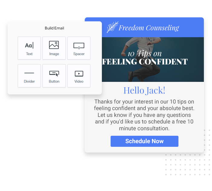 Therapist marketing email overlaid with email editor from Marketing 360® Nurture therapist email marketing