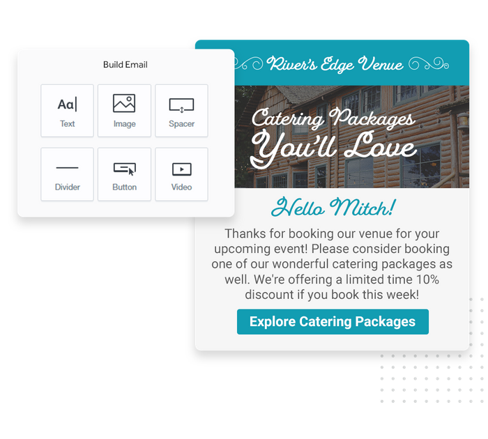 Venue marketing email overlaid with email editor from Marketing 360® Nurture venue email marketing