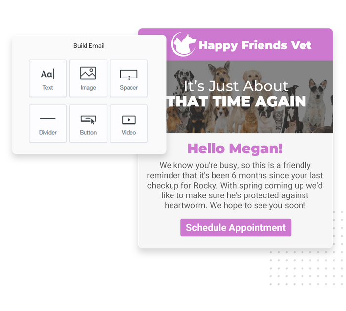 Veterinary marketing email overlaid with email editor from Marketing 360® Nurture veterinarian email marketing