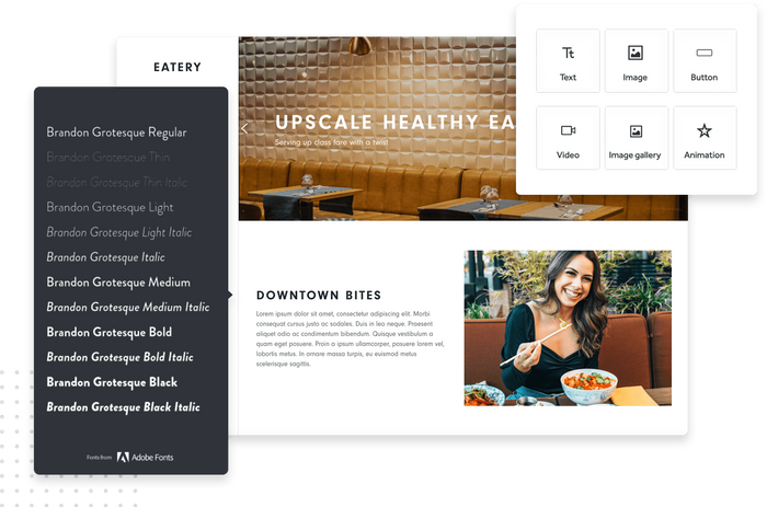 Restaurant website overlaid with font options and a block editor Restaurant website builder