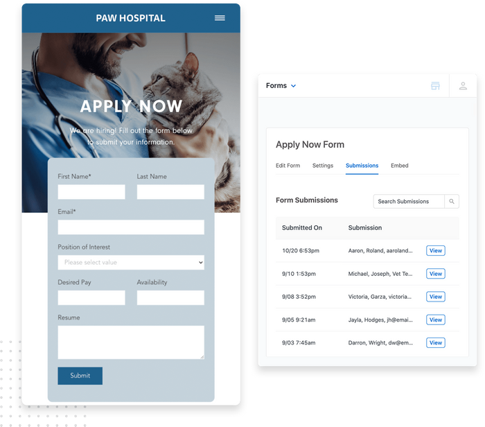 Employment application form for a veterinary hospital website / form submissions dashboard Apply now form veterinarian