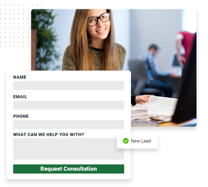 Smiling woman doing paperwork overlaid with a consultation request form and a checkmark that says 'new lead' Accountant website forms