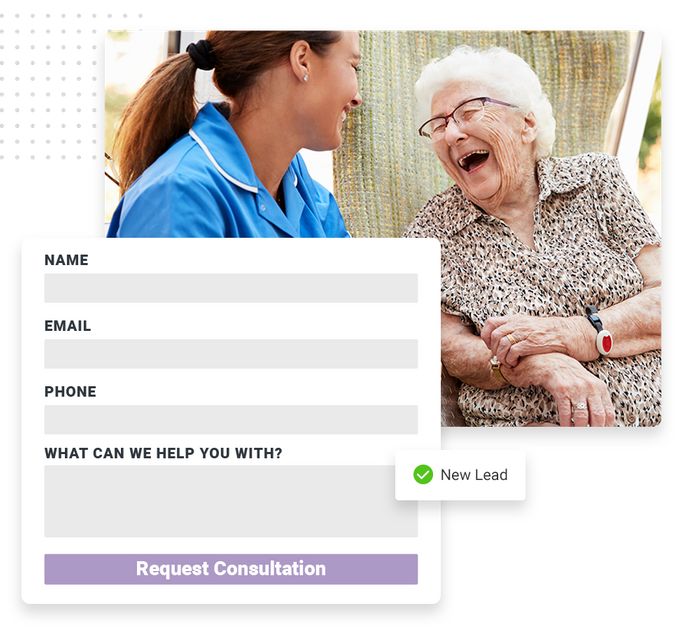 Smiling old woman and female caregiver overlaid with consultation request form Assisted living website forms