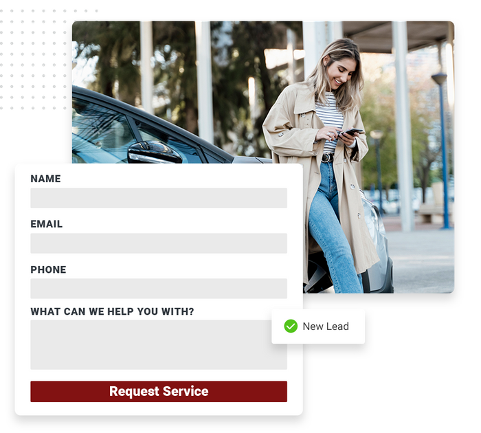 Smiling woman leaning against car looking at phone overlaid with a service request form and a checkmark that says 'new lead' Auto shop website forms