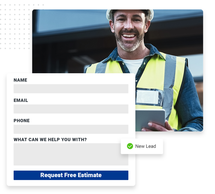 Smiling contractor holding a tablet overlaid with an estimate request form and a checkmark that says 'new lead' Contractor website forms