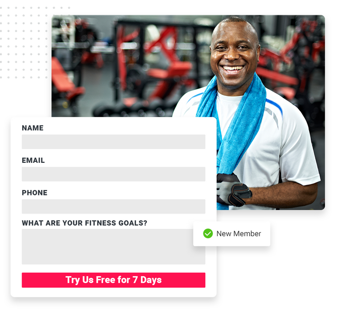 Smiling, sweaty man with towel in a gym overlaid with a free trial form and a checkmark that says 'new member' Fitness website forms