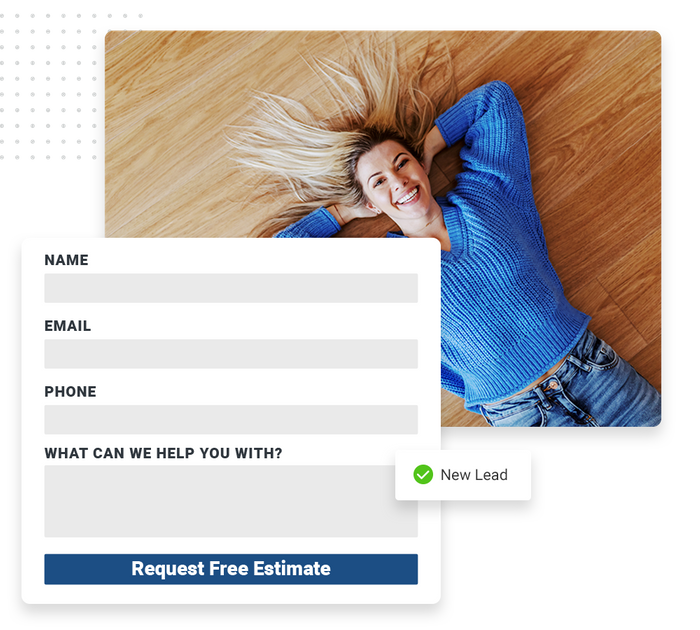 Smiling woman laying on floor overlaid with an estimate request form and a checkmark that says 'new lead' Flooring website forms