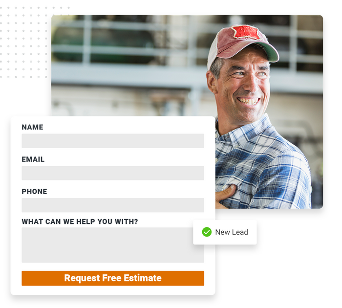 Smiling garage door contractor overlaid with an estimate request form and a checkmark that says 'new lead' Garage door contractor website forms