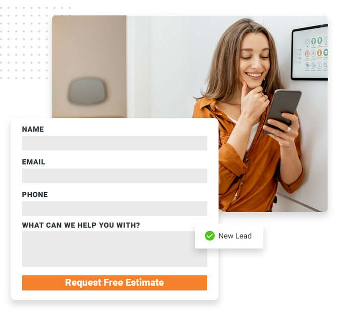 Smiling woman looking at phone overlaid with an estimate request form and a checkmark that says 'new lead' HVAC website forms