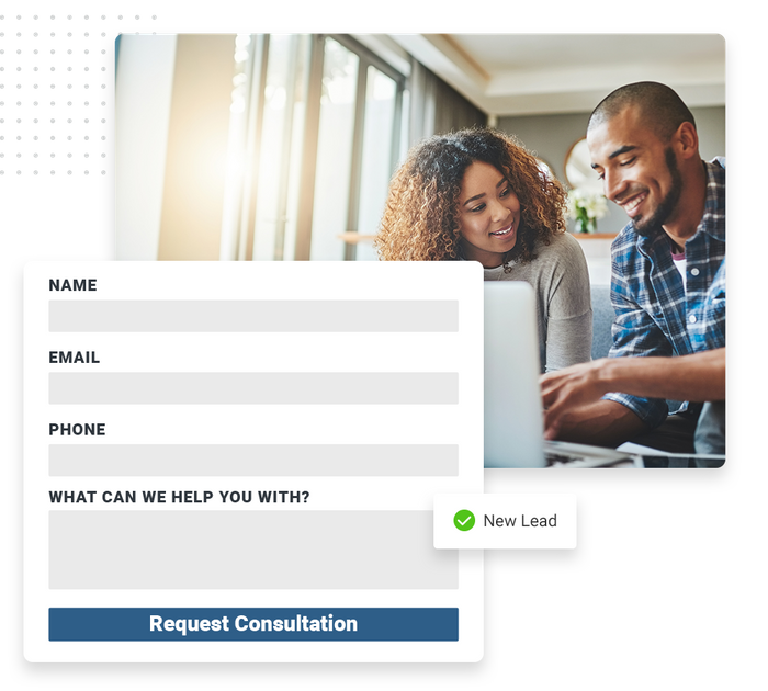 Smiling couple with laptop overlaid with a consultation request form and a checkmark that says 'new lead' insurance website forms