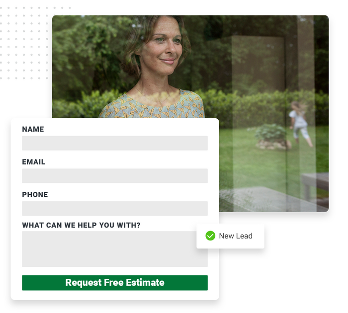 Smiling woman watching someone mow her lawn overlaid with an estimate request form and a checkmark that says 'new lead' landscaping website forms