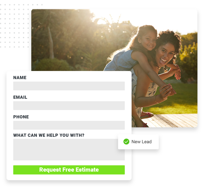 Smiling mom and daughter outside overlaid with an estimate request form and a checkmark that says 'new lead' lawn care website forms