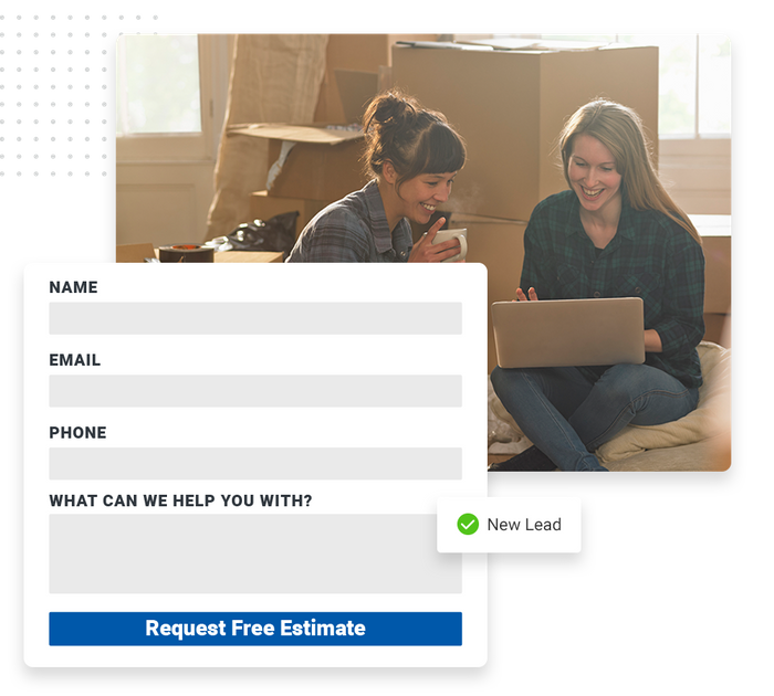 Two women looking at laptop in front of boxes overlaid with an estimate request form and a checkmark that says 'new lead' moving company website forms