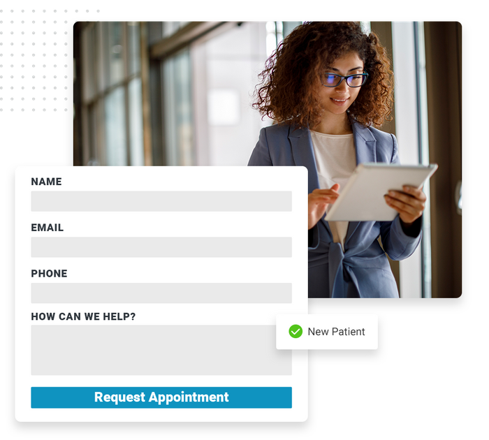 Woman with glasses looking at tablet overlaid with an appointment request form and a checkmark that says 'new patient' Optometrist website forms