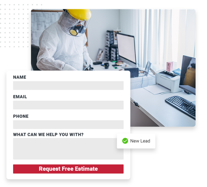 Pest control technician in safetysuit overlaid with an estimate request form and a checkmark that says 'new lead' pest control website forms