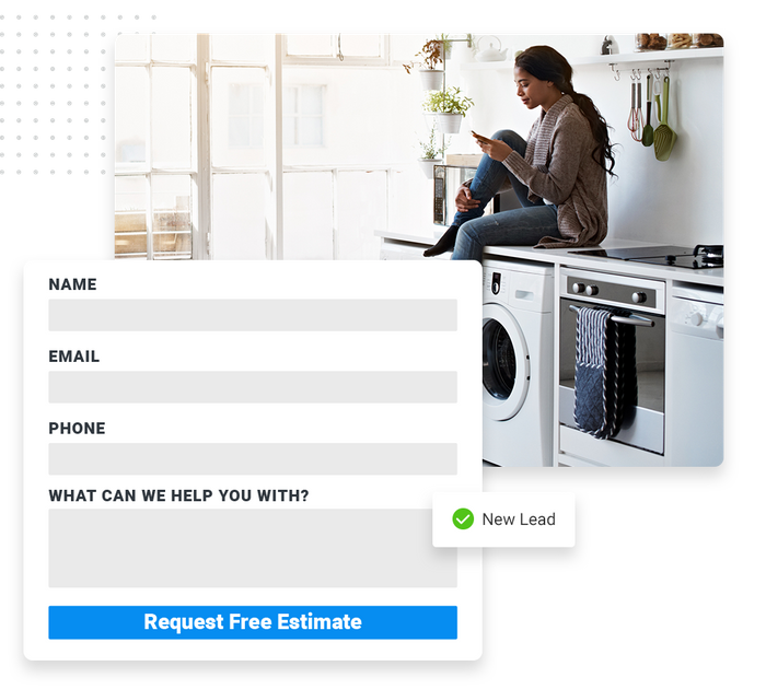 Woman sitting on washing machine looking at phone overlaid with an estimate request form and a checkmark that says 'new lead' plumbing website forms