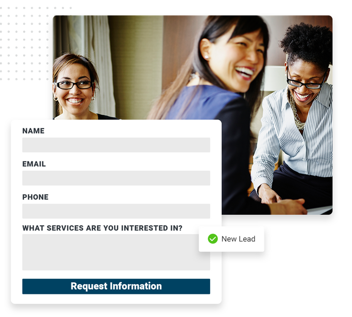 Smiling young professionals overlaid with an information request form and a checkmark that says 'new lead' custom website forms for small business