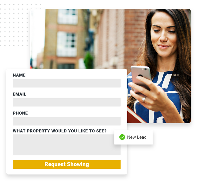 Smiling woman holding phone overlaid with an estimate request form and a checkmark that says 'new lead' real estate website forms