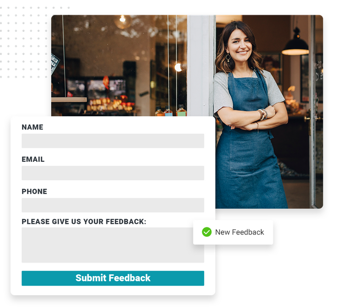 Smiling retail owner overlaid with a feedback request form and a checkmark that says 'new feedback' retail website forms