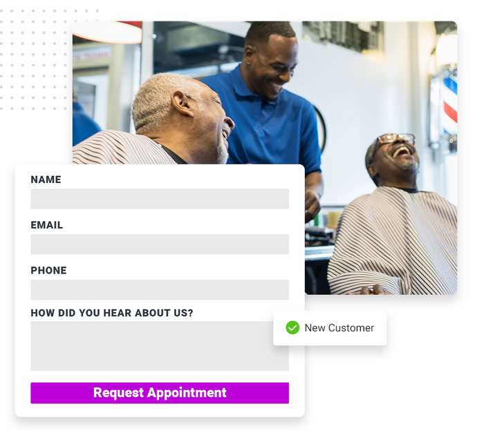 Smiling barber and customers overlaid with an appointment request form and a checkmark that says 'new customer' salon website forms