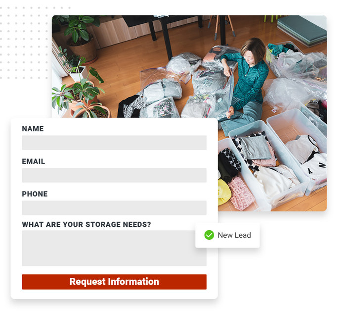 A woman packing clothes overlaid with an information request form and a checkmark that says 'new lead' self storage website forms