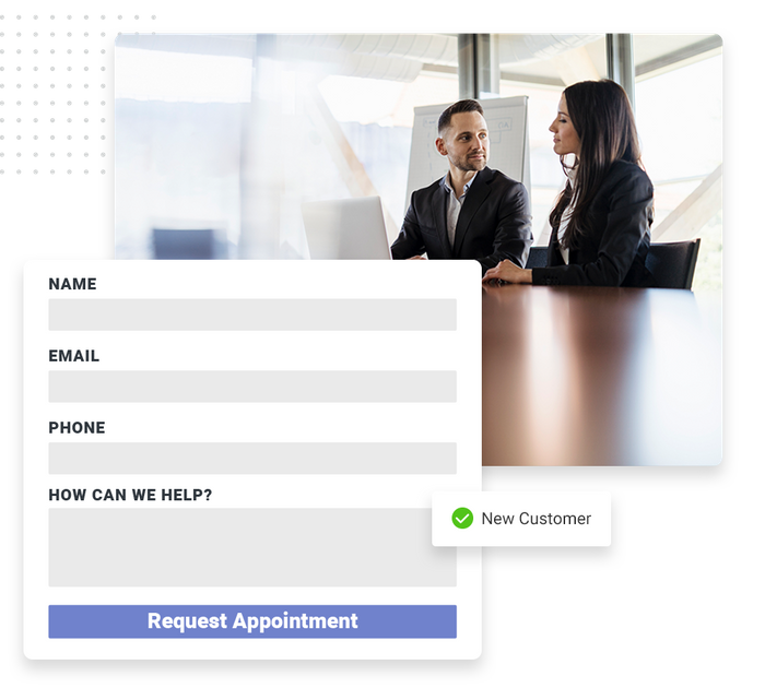 Two people in a boardroom overlaid with an appointment request form and a checkmark that says 'new customer' therapist website forms