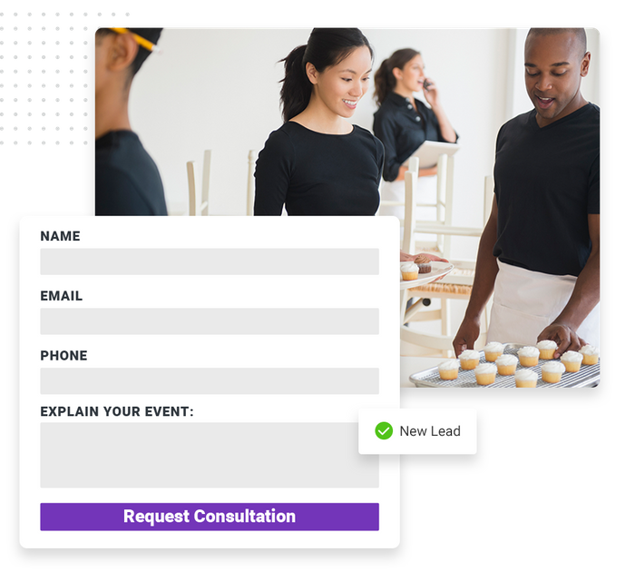 Caterers working in kitchen overlaid with a consultation request form and a checkmark that says 'new lead' venue website forms