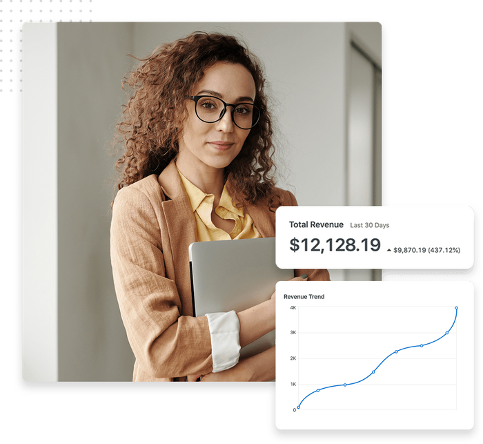 Woman with glasses holding a laptop to her chest overlaid with a chart showing total e-commerce revenue for the last 30 days Total revenue growth chart