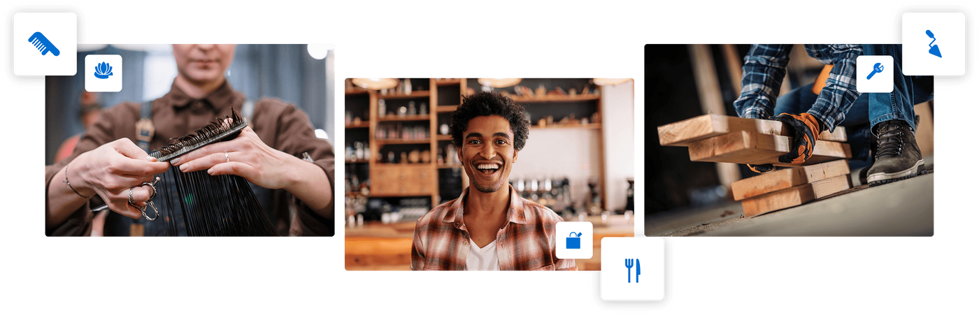 Montage of barber cutting hair, coffee shop owner smiling and gloved hands picking up 2x4s Small business owner montage