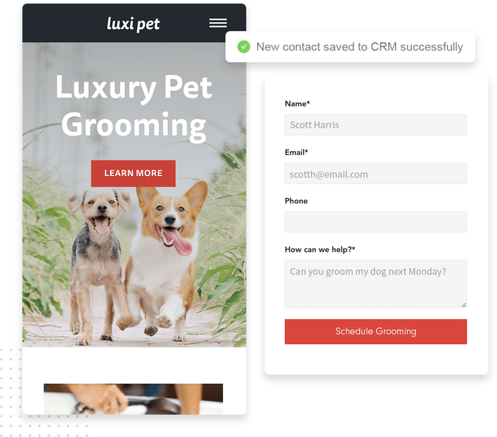 Mobile pet groomer website overlaid with a contact form and a checkmark indicating that a new contact was saved to the CRM Mobile pet groomer website