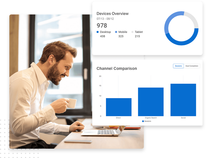 Smiling man holding a mug and working a laptop overlaid with Device Overview report and Channel Comparison graph Device overview reporting