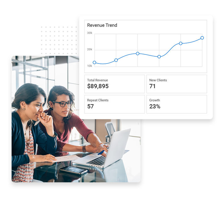 Two women working at a laptop in an office overlaid with revenue trend chart Accountant performance monitoring