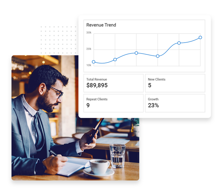 Man looking at phone in coffee shop overlaid with revenue trend graph Attorney marketing performance monitoring
