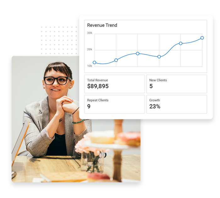 Smiling event planner overlaid with a revenue trend graph Event planner performance monitoring