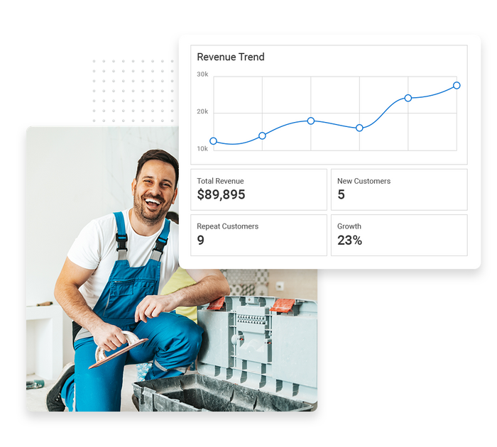 Smiling flooring contractor in overalls overlaid with a revenue trend graph Flooring performance monitoring