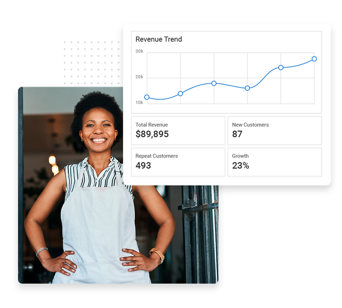 Smiling franchise owner wearing apron overlaid with a revenue trend graph Franchise performance monitoring