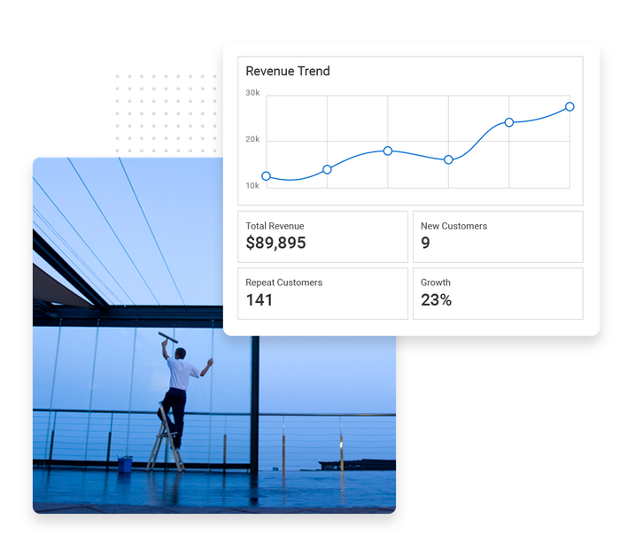 A house cleaner working overlaid with a revenue trend graph house cleaning performance monitoring