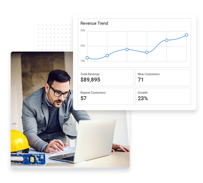 Man working on a laptop overlaid with a revenue trend graph HVAC performance monitoring