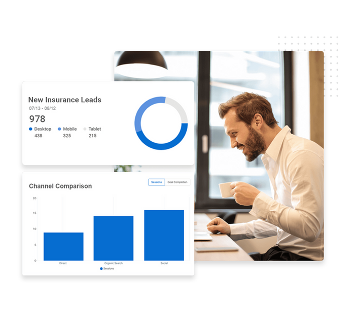 Insurance agent in an office overlaid with a revenue trend graph insurance performance monitoring