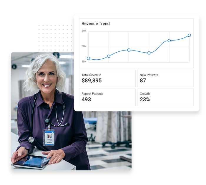 Smiling doctor with tablet overlaid with a revenue trend graph medical performance monitoring