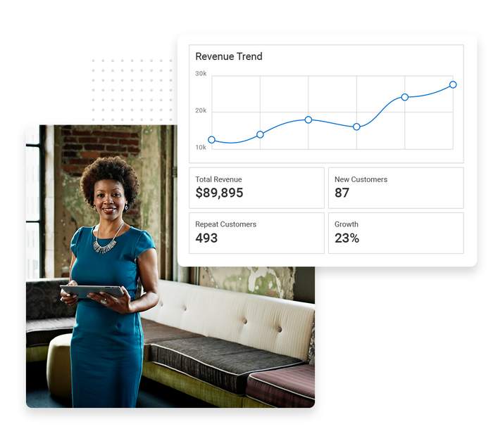 Woman in living room holding tablet overlaid with a revenue trend graph small business performance monitoring