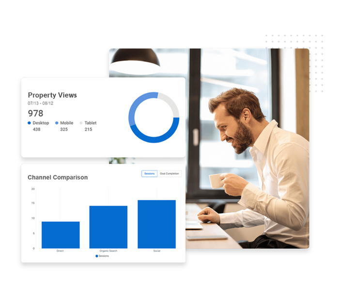 Man holding a mug looking at a computer overlaid with a property views graph real estate performance monitoring