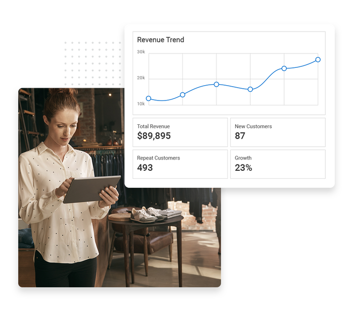 Woman working on tablet in store overlaid with a revenue trend graph retail performance monitoring