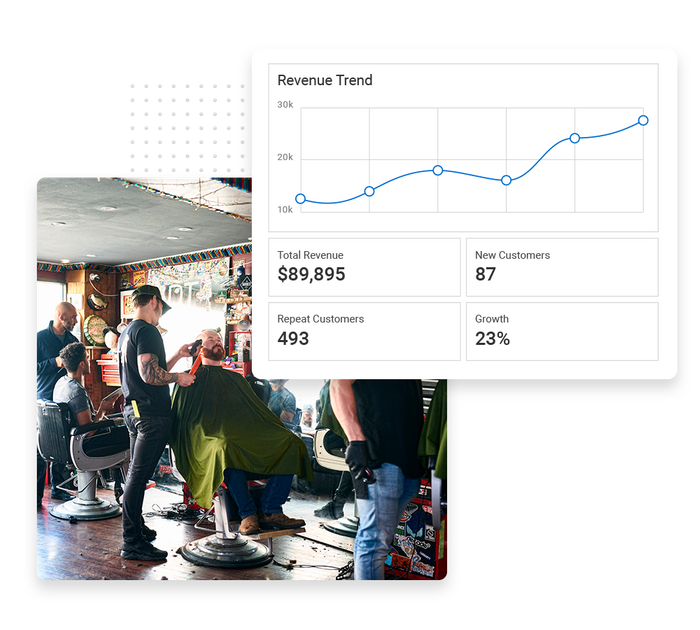 A busy barber shop overlaid with a revenue trend graph barber shop performance monitoring