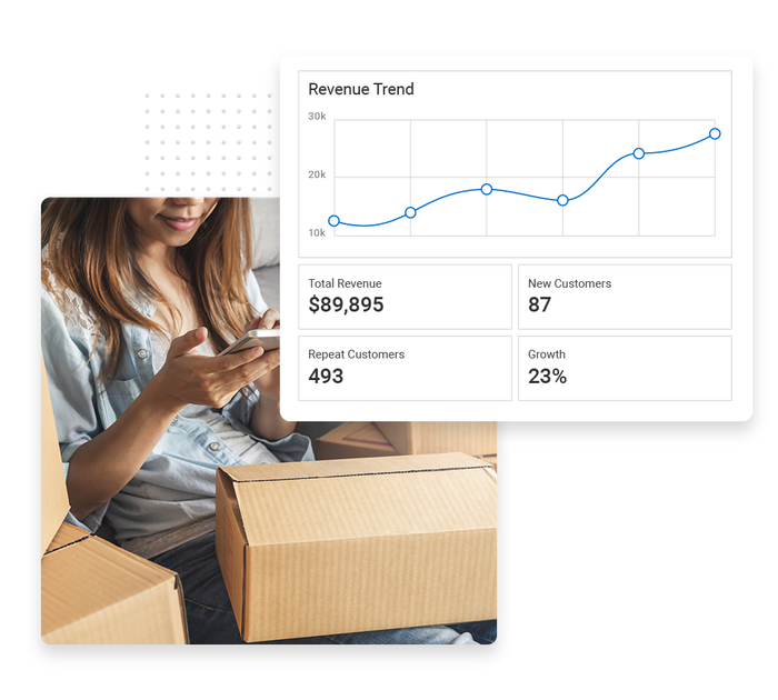 Woman looking at phone with moving boxes overlaid with a revenue trend graph self storage performance monitoring
