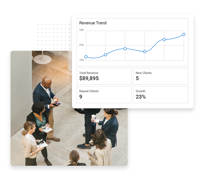 Group of people stand and talk at an event overlaid with a revenue trend graph venue performance monitoring
